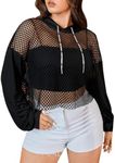 Verdusa Women's Plus Size See Through Fishnet Drawstring Hoodie Top Long Sleeve Sweatshirt Black XX-Large Plus