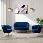 woodheart Shop 3 Piece Velvet Living Room Furniture Set, Including Loveseat & 2 Sofa Chairs, Modern Comfy Upholstered 2-Seater Sofa & Accent Chair Set for Bedroom (Blue)