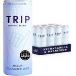 TRIP Mindful Blends - Melon Cucumber Mint Sparkling drink with Magnesium Citrate + Ashwagandha + Lion’s Mane + L-theanine. Low Calorie and Vegan (Pack of 12 x 250ml) - Packaging Might Vary