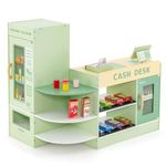 COSTWAY Pretend Play Shop, Kids Supermarket Playset with Vending Machine, Scanner, 13 Food Toys, Wooden Role Play Grocery Store for Children Ages 3+ (Green)