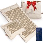 Acupressure Mat & Pillow Set with Hot/Cold Gel Pack for Back and Neck Pain Relief, Sciatica and Pressure Point Aches - Ideal Acupuncture Mat for Sleeping Aid & Workout Recovery - Natural Linen