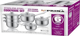 PRIMA 6pc Stainless Steel Cookware Set with Steamer, Silver, 16cm, 20cm, 18cm