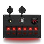 DaierTek 6 Gang Rocker Switch Panel 12V Marine Switch Panel Waterproof Red LED 5 Pin Marine Rocker Switch Panel with USB Cigarette Lighter Socket Voltmeter for Boat Automotive Car