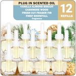 Plug in Scented Oil Refill, 12ct, Vanilla Almond Biscuit, Cashmere Wood, Fresh Cut Fraser Fir, First Snowfall, Essential Oils, 7.92 Fl Oz, Compatible with Air Wick & Glade, Not Include Glade Plus