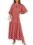 ANRABESS Womens Boho Maxi Dresses 2024 Summer V Neck Puff Sleeve Floral Flowy Swing Casual Long Dress, Pink, Large