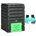 Outsunny Compost Bin, 120 Gallon (450L) Garden Composter with Gloves, 80 Vents and 2 Sliding Doors, Lightweight & Sturdy, Fast Creation of Fertile Soil, Black