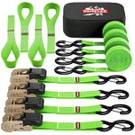 Ratchet Tie-Down Straps Set - (1" x 15', 2200lbs Breaking Strength) - Vehiclex Soft Loops, Coated S-Hooks, Storage Bag for ATV, Motorcycle, Bicycle, Kayak, Cargo Securing, Green