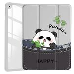 JOYLAND Cute Happy Panda Pattern Case for 10.2" iPad 2019/2020/2021, Clear Acrylic Hard Back Grey White Case with Pencil Holder Trifold Stand Protective Tablet Case for iPad 7th/8th/9th Generation