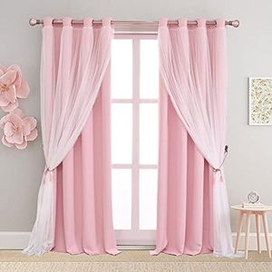 SOFJAGETQ Pink Curtains 84 inch Length - Double Layers Blackout and Sheer with Lace Hem Window Curtains & Draperies Panels for Kids/Girls Bedroom Living Room Nursery, 2 PCs