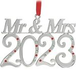 Mr. & Mrs. Christmas Ornament 2023 –Elegant Our First Christmas Wedding Ornament, Just Married Ornament, Beautiful Silver Nickel with Red & Green Stones & Red Ribbon.