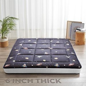 YOSHOOT 6 Inch Extra Thick Japanese Futon Floor Mattress, Foldable Mattress Tatami Pad Mattress for Adults Floor Bed Roll Up Mattress Guest Mattress, Navy Space, Queen