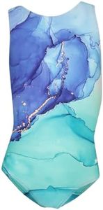 Destira Tidal Wave Gymnastics Leotard for Juniors with Split-Back Style, Radiant Blues, Greens and Gold Accents Dance Outfit, Adult Small