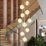 KAUCQI 10-Light Stairs Chandeliers Modern, 50W High Ceiling Chandelier Staircase, LED Staircase Chandelier, Chandeliers for High Ceiling, Glass Ball Chandelier, Adjustable Length, 16" W x79 H-Yellow