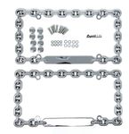 Universal Chrome Mega-Metal Round Chain Link Design License Plate Frame with Screws Caps, Set of 2