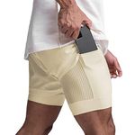 DIOTSR Mens 2 in 1 Running Workout Shorts for Men Lightweight Training Shorts Quick Dry Gym Shorts with Phone Pocket (Khaki US Medium)