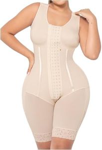 MARIAE RA001 Fajas Colombianas Knee Length Bodysuit Daily Use Shapewear Girdle Hourglass Figures with Elastic Bones Beige S