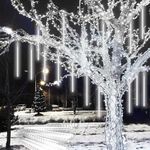 PEMOTech Christmas Lights Outdoor, 16 Tubes Meteor Shower Lights 16 inch 576 LED 49.4 ft Snow Falling Lights Icicle Cascading String Lights for Christmas Decoration Tree Party, UL Plug, Cool White