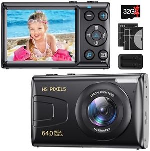 Digital Camera, 4K Kids Camera for Photography, 64MP Compact Video Camera 18X Digital Zoom Vlogging Camera, Auto Focus Point and Shoot Digital Cameras with 32G TF Card, 2 Batteries