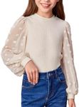 Floerns Girls Casual Puff Long Sleeve Round Neck Rib Knit Blouse Tee Tops Beige 9Y