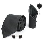 Axlon Mens Plaid Micro Self Silk Necktie Gift Set With Pocket Square Cufflinks & Brooch Pin Tie For Men Formal With Leatherite Box (Jet Black SIDIBKRX Free Size)