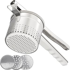 GloTika Large 15oz Potato Ricer with 3 Interchangeable Discs, Heavy Duty Stainless Steel Potato Masher with Ergonomic Handle, Masher and Ricer Kitchen Tool for Mashed Potatoes, Noodle Maker