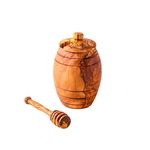 Kamsah Olive Wood Honey Pot - Honey Jar with Lid and Honey Wooden Dipper Stick - Rustic Handmade Bee Honey Container & Holder - 3.5 oz Empty 3 Piece Set for Home and Kitchen - Gift for Any Occasion