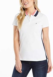 Nautica Women's Stretch Cotton Polo Shirt, White Navy, Small