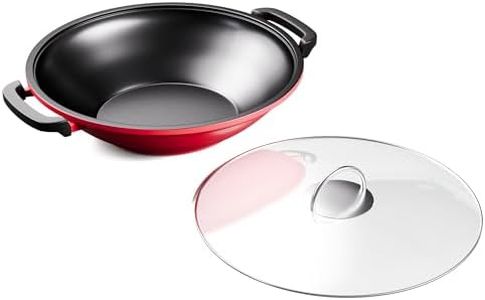 Toci Big BBQ Cast Iron Wok Pan Enamel-Coated Cooking Woks & Stir-fry Pans, Chinese Wok With Lid & Handles Non Stick Cookware Large & Deep Wok For Induction Hob, Ceramic Gas & Electric Stovetops & Oven