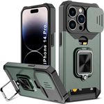 LuxuryKase Shockproof Armor Case for iPhone 14 Pro with Slide Camera Cover | Hidden Card Slot | Rotating Ring Kickstand | Magnetic Car Mount Support | Military Grade Protection – Green