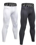 LNJLVI Men's Compression Leggings with Zip Pockets Sports Tights Running Pants (White-Grey,M)