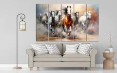 KYARA ARTS seven vastu running horse wall painting (30inch x 48inch wooden multiple framed)