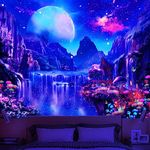 Avinyl Blacklight Space Tapestry for Bedroom Black Light Waterfall Landscape Wall Hanging UV Reactive Moon Galaxy Tapestries Fantasy Mushroom and Floral Tapestry for Living Room Decor 71x91in