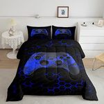 Erosebridal Gamer Bedding Set Twin Size Geometric Honeycomb Hexagon Comforter Set Kids Boys Teens Cool Gaming Down Comforter with 1 Pillowcase Video Game Gamepad Quilt Set Room Decor Blue Black