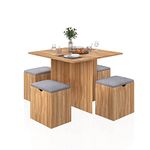 Mondeer Dining Table Set, Table and 4 Stools with Soft Cushion Wooden Space Saving for Dining Room Kitchen, L80 x W80 x H75 cm, Red Oak and Grey