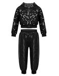 Lorilida Unisex Kids Hip-hop Jazz Performance Costume Dance Outfit Shiny Sequins Hooded Tops with Pants Set Black 4-5 Years