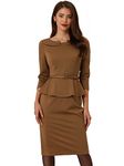 Allegra K Women's Vintage Pencil Dress 3/4 Sleeves Midi Bodycon Peplum Sheath Dresses Brown Large