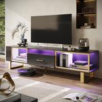 Bestier TV Stand for 65/70/75/80 Inch TV, LED Gaming Entertainment Center with Open Storage and Half-Glass Design Drawer, Modern High Gloss TV Console Table for Living Room, Black and Gold