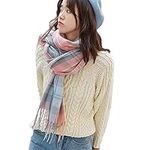 Winter Warm Long Plaid Scarf Shawl Tartan Blanket Wrap Scarves with Tassels,Soft Cashmere Feel Scarves for Women Plaid Warm Shawls Ladies (Pink)