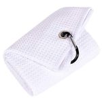 Mile High Life Tri-Fold Golf Towel | Premium Microfiber Fabric | Waffle Pattern | with Heavy Duty Carabiner Clip | For Men and Women (White)