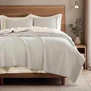 COOLXTRA Lightweight Quilted Bedspread Quilt Set, Pre-Washed Brushed Microfiber, Handmade-Look Stitching, All-Season Decorative Coverlet with 2 Pillow Shams, Oversized King, Grey