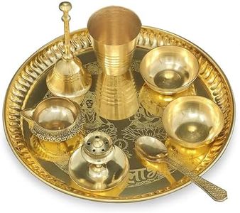 BENGALEN Brass Pooja Thali Set 8 Inch with Pital Plate Glass Spoon Ghanti Bowl Agarbatti Stand Kuber Diya Puja Thali for Diwali Home Mandir Office Wedding Return Gift Items