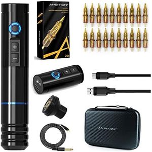 Ambition Complete Tattoo Kit - Wireless Tattoo Machine with 2pcs Power Supply Coreless Motor 20pcs Tattoo Cartridge Needles Rotary Tattoo Cartridge Pen with 1500mAh Power Supply Digital LCD Display