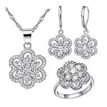 Uloveido Rhodium Plated Flower Shape Wedding Jewelry Set for Women Girl, Choker Bridal Necklace CZ Drop Earrings and Engagement Ring T490 (White, Size 9)