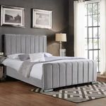 The Bed Place Panel Line Upholstered Single Bed frame with Headboard and Foot board - 3FT Single Bed - Wooden Bed Frame Single Bed - Silver Plush Velvet