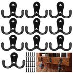 XKQYX 10 Pcs Coat Hooks Heavy Duty, Double Prong Door Clothes Hooks Wall Mounted Metal with Screws for Coat, Scarf, Bag, Towel, Key, Cap, Cup, Hat, Robe Screw in Hooks - Black