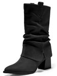 Coutgo Womens Fold Over Boots Wide Calf Pointed Toe Chunky Heel Booties Slip On Slouchy Winter Mid Calf Boot Shoes, Black, 6.5