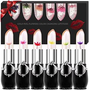 SuperThinker Crystal Jelly Flower Lipstick - Moisturizer Clear Lip Gloss Balm Color Changing with Temperature Mood Lipstick include Benefit Vitamin - Pack of 6 (black)