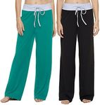 ROSA JUNIO Comfy Pajama Pants for Women Casual Drawstring Floral Palazzo Lounge Pants Stretch Wide Leg Bottoms, 2 Pack(black+lake Blue), 3X-Large