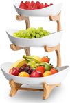 3 Tier Fruit Basket Ceramic Fruit Bowl Vegetable Storage with Bamboo Wood Porcelain Fruit Stand Storage Holder for Kitchen Counter Large Capacity Fruit Holder for Bread, Snack (White)