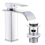 Wasserrhythm Basin Taps Mixers with Pop up Waste Waterfall Square Bathroom Sink Taps Chrome Brass with UK Standard Hoses Mono Modern